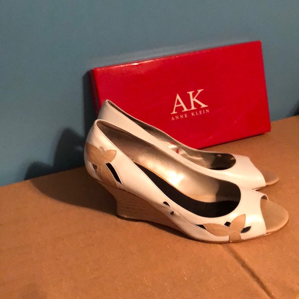 Anne Klein Sylvie Peep Toe Wedge Heel White/Tan